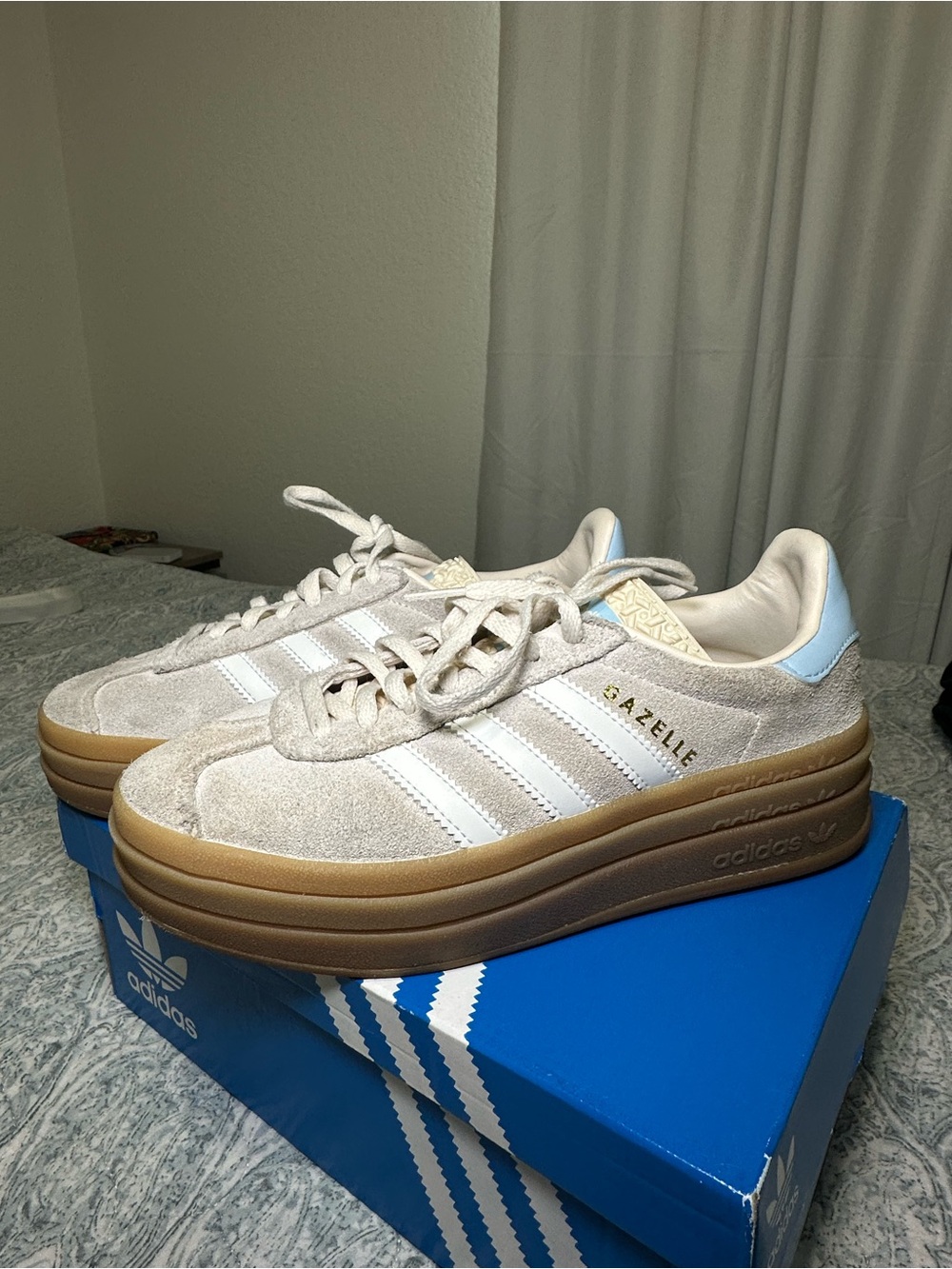 adidas Gazelle Platform Sneakers in Beige, White & Light Blue